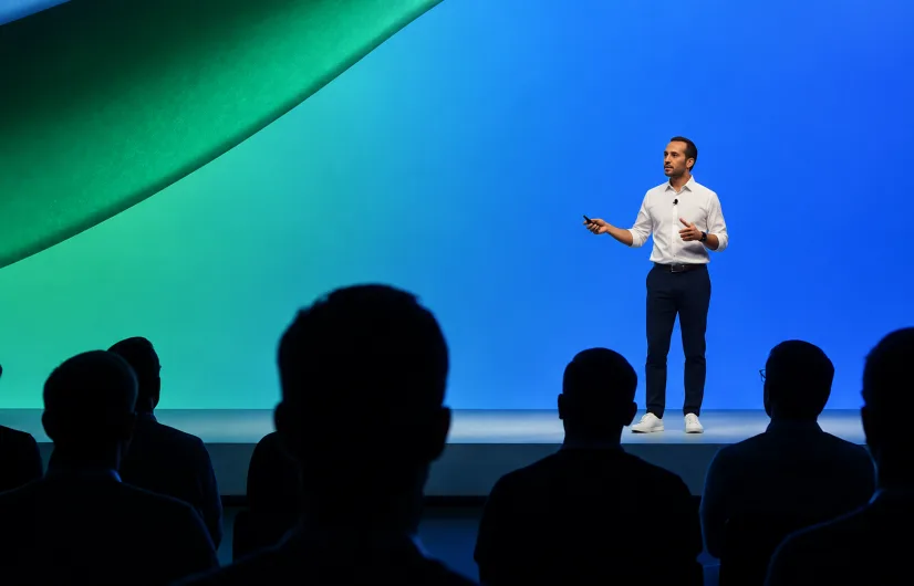 Speaker presenting in front of an emerald and cobalt stage